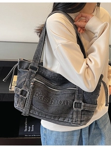 Large washed grey denim tote bag with Fashion embroidery for casual autumn and winter wear