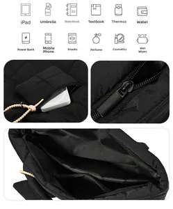 Detailed view of black quilted tote bag showing internal compartments and storage capacity