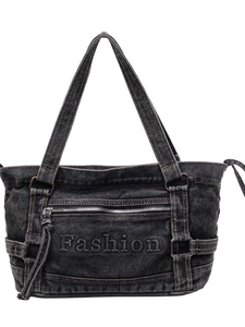Large denim tote bag in dark grey with Fashion embossed lettering and front zipper pocket