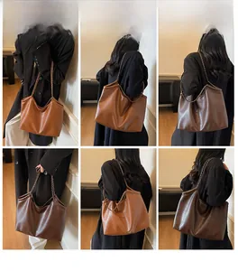 Multiple views of large PU leather hobo bag for women with chain and leather shoulder strap