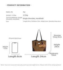 Detailed size specifications of large vintage brown tote bag with plush charm accessory