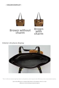 Detailed view of the brown leather tote bag interior with striped lining and zipper