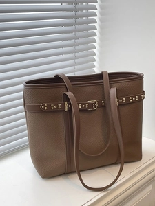 Women Large Capacity PU Leather Tote Bag Pebble Grain Shoulder Bag With Decorative Rivet Belt Buckle Commuting Casual Handbag
