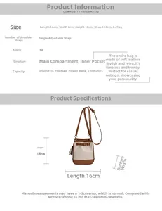 Detailed dimension chart showing sizes and structure of the canvas bucket crossbody bag