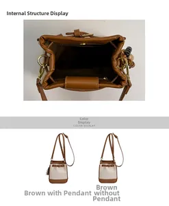 Detail view of canvas bucket bag with brown leather trim and beaded charm options