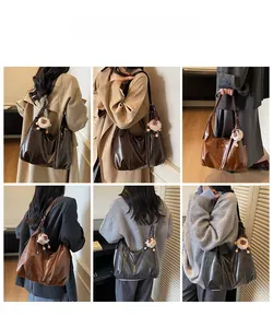 Multiple views of a large retro hobo bag styled with different outfits and lion charm