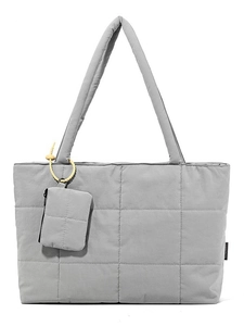 Grey quilted puffer tote bag with matching coin purse and adjustable shoulder strap