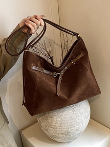 Large Capacity Women PU Suede Tote Bag Retro Minimalist Shoulder Crossbody Bag Commute Hobo Bag Solid Color Fashion Purse