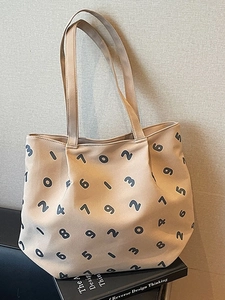 Large Capacity Canvas Tote Bag For Women Korean Design Arabic Number Print Casual Shoulder Handbag Commuter Travel Bag