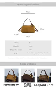 Size guide for PU Boston bag showing dimensions 23x11x10cm and weight for luxury commuters