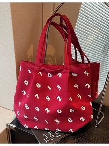 Red canvas tote bag with white number print for daily commuting and casual style
