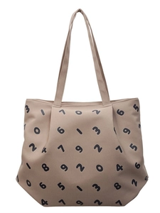 Minimalist beige canvas tote bag with black Arabic numeral print and gathered top opening