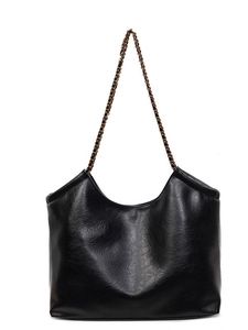 Glossy black PU leather tote bag with gold chain strap and textured surface on white background