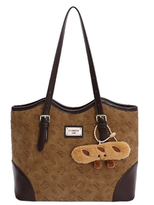 Retro brown large capacity tote bag with cat embossing and plush bread charm for women