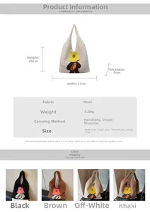 Detailed dimensions and knitting texture of large capacity knitted tote bag with bear motif