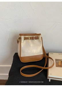 Close-up of contrast bucket bag with metallic beige faux leather and brown trim details