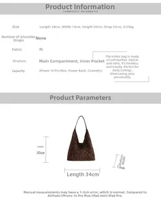 Detailed size chart for large leopard print hobo tote bag with internal structure specs
