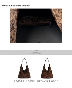 Detailed interior of leopard print tote bag with spacious compartment and zipper pocket