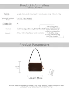 Detailed size chart of vintage brown matte baguette bag with 25x14x9cm dimensions