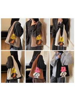 Collage of plush teddy bear tote bags showing multiple color options and styles on model
