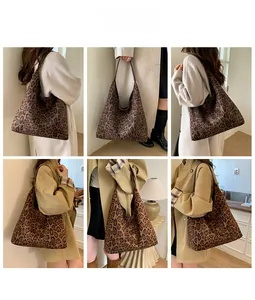 Collage of model wearing a large leopard print tote bag with brown stylish outfits