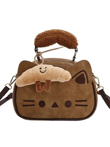 Sac à main mignon forme chat marron foncé en daim avec anse en peluche douce