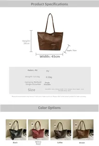 Detailed dimension chart showing sizes and colors of this vintage large PU leather tote bag