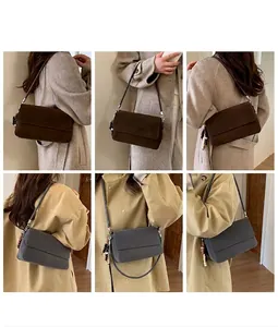Detail showing various styling ways of the suede messenger bag in brown and grey-blue colors