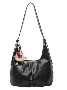 Large capacity vintage black PU leather shoulder tote bag with a cute sheep charm