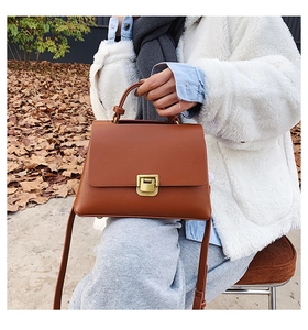 Detail of vintage brown leather handbag with gold metal clasp on autumn leaves background
