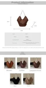 Detailed sizing chart and color options for the large suede tote bag featuring leopard print