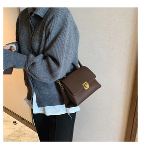 Detail of a dark brown crossbody bag with gold square twist lock and leather texture