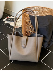 Taupe large capacity lychee pattern tote bag with magnetic clasp and shoulder strap