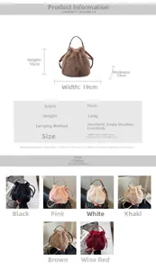 Detail view of plush bucket bag showing dimensions and six seasonal color options