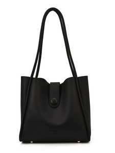 Classic black lychee pattern leather tote bag with thin straps and metallic rivets