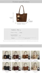 Detailed size specifications for a large woven tote bag in black, brown, and cream colors
