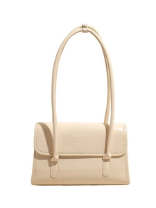 Minimalist creamy white leather shoulder bag with embossed letters on a clean background