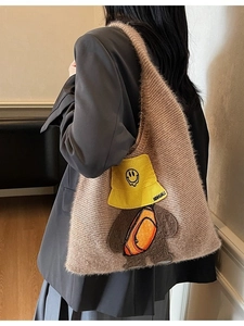 Brown fluffy teddy tote bag with bear patch embroidery for women's autumn winter style