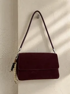 Women Vintage Suede Look PU Leather Shoulder Bag Minimalist Square Crossbody Bag With Wood Beads Pendant Flap Satchel Bag