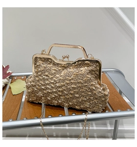 Détail du sac à fermoir doré en tissu tissé avec cadre métallique et chaîne sur banc en bois