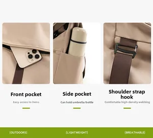 Detailansicht der khakifarbenen Reisetasche mit Frontreißverschluss, Seitentasche und Gurt