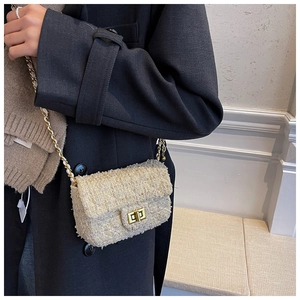 Detail of tweed crossbody bag with gold chain strap and metal turn-lock on wool fabric