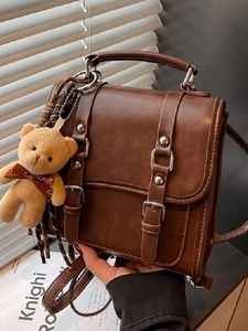 Vintage PU Leather Backpack For Women Retro Double Buckle Messenger Bag Daily Commute Fashion Crossbody Bag With Bear Charm