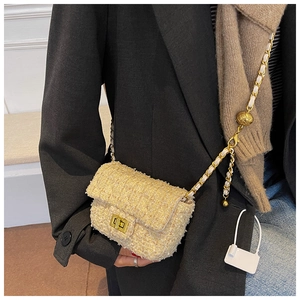 Close-up of beige tweed crossbody bag with gold chain strap and spherical charm