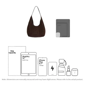 Detailed capacity guide for large leopard print hobo bag showing space for iPad and essentials