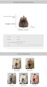 Detailed size chart and material specs for the plush fluffy backpack with dimensions