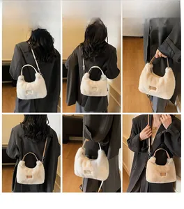 Detail view of white plush hobo bag with leather straps and metallic hooks
