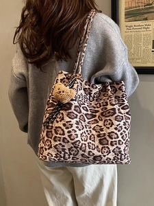 Vintage leopard print canvas tote bag for women with cute plush bear charm accessory