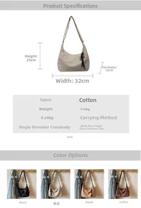Detailed size chart of large fabric tote bag showing 32x23x12cm dimensions and texture