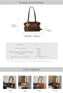 Spécifications de taille pour un sac fourre-tout rétro en daim incluant largeur 30cm et poids 0,4kg